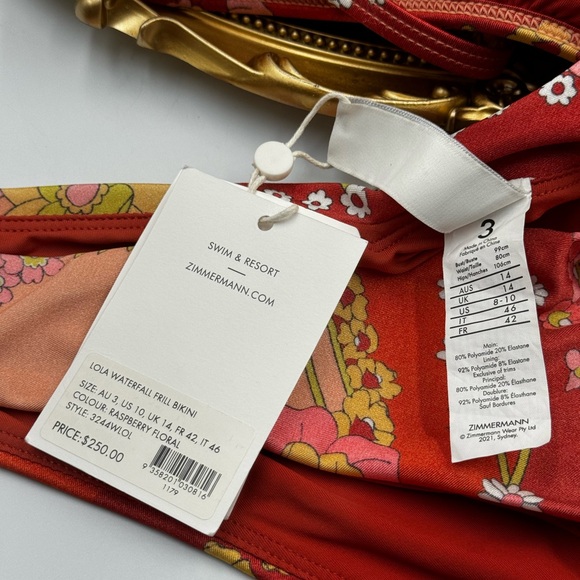 🆕 ZIMMERMANN 🧿 NWT Lola Waterfall Frill Bikini Raspberry Floral- Sz3 - US8 -10 - Picture 16 of 16